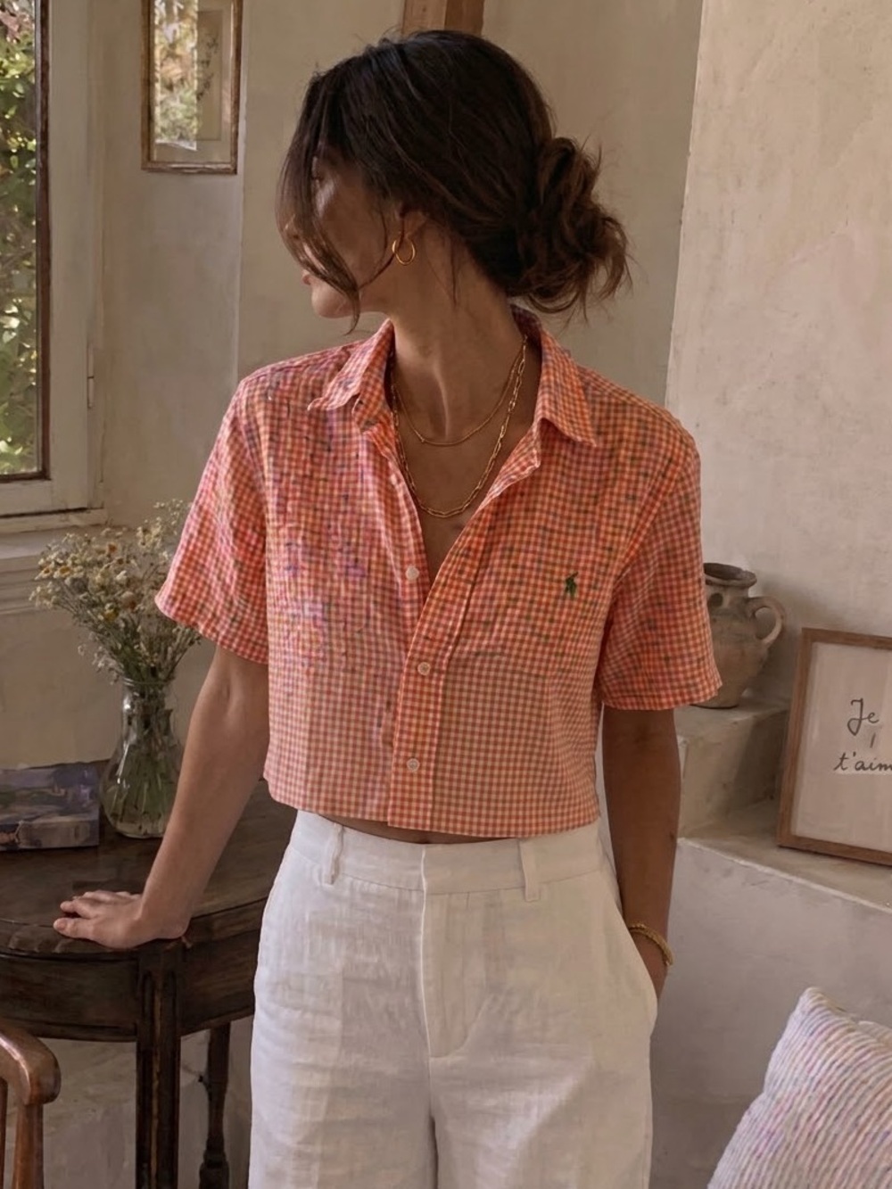 Ralph Lauren Orange Gingham Short-Sleeve Button Down Cropped Fit Size Small Chic